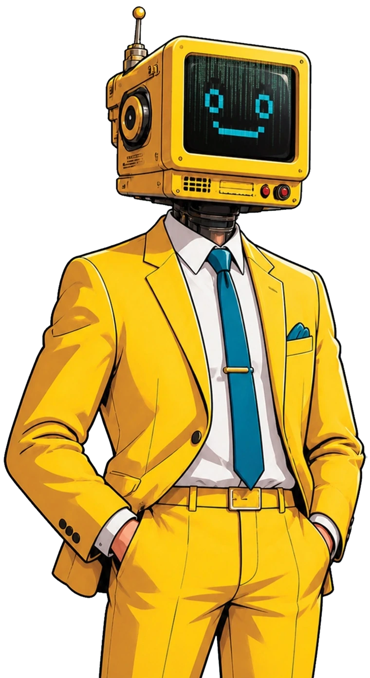 Illustration of a smiling robot in a yellow suit and teal tie, with a retro computer monitor for a head